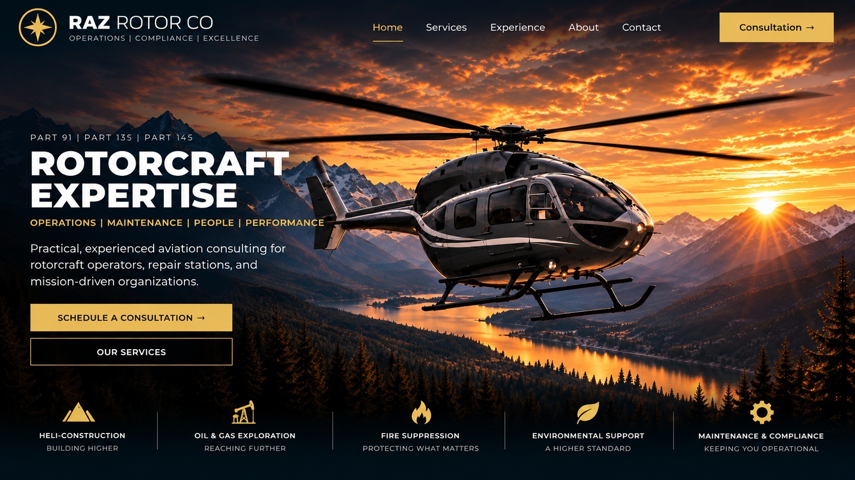 Raz Rotor Co rotorcraft consulting hero over mountains at sunset
