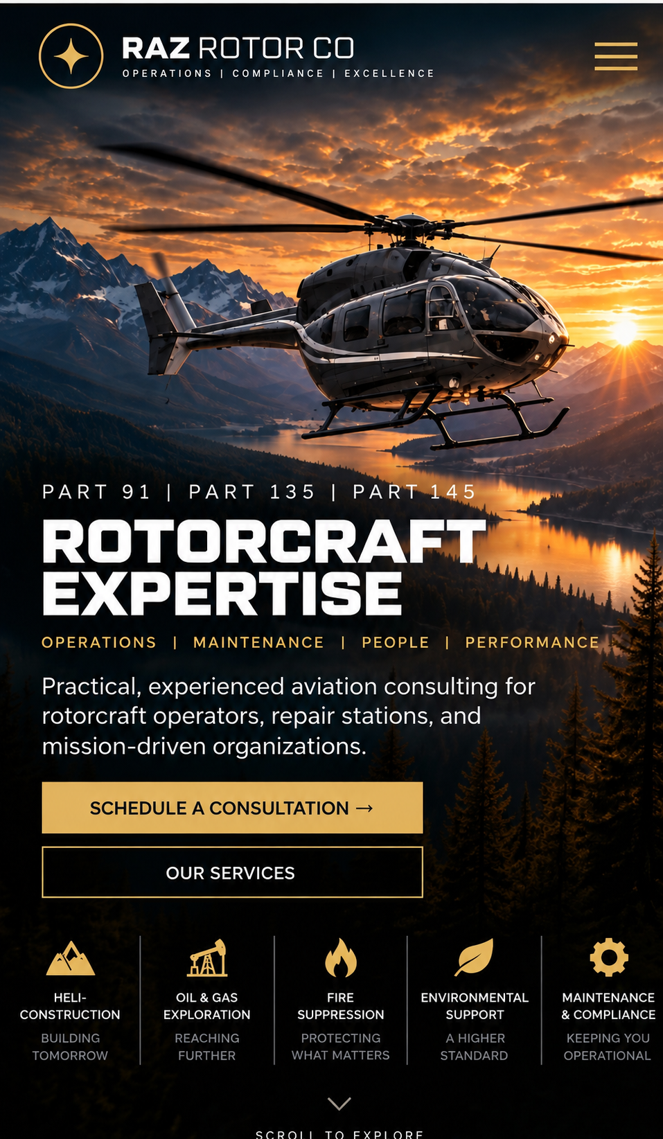 Raz Rotor Co mobile hero with helicopter, mountains and sunset